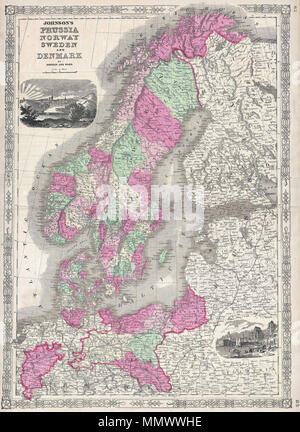 . Inglese: questo è A. J. Johnson e Ward's 1864 mappa della Scandinavia. Mostra tutti i di Svezia, Norvegia, Finlandia, Danimarca e Prussia, nonché parti dell'Estonia, della Lettonia e della Lituania. Ci sono due città decorativo viste, Stoccolma nel quadrante superiore sinistro e Colonia in basso a destra. Caratteristiche il confine da traforo comuni a Johnson del atlante mappe da 1864 a 1869. La piastra di acciaio incisione preparato da A. J. Johnson per la pubblicazione come la pagina n. Johnson la Prussia Norvegia Svezia e Danimarca. 1864 (non datato). 1864 Johnson Mappa della Scandinavia ( Norvegia, Svezia, Danimarca, Prussia) - Geographicus - Scandina Foto Stock