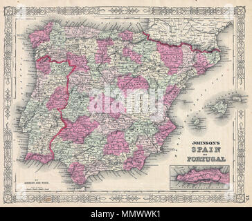 . Inglese: questo è Johnson e Ward's 1864 mappa della Spagna e del Portogallo. Copre la regione con particolare attenzione per il trasporto, le città e le vie navigabili. Inferiore destra ha una finestra Mappa di Gibilterra. Include le Isole Baleari di Ibiza, Maiorca e Minorca. Caratteristiche di stile celtico confine comune a Johnson atlas opera dal 1863 al 1869. La piastra di acciaio incisione preparato da A. J. Johnson per la pubblicazione come piastra n. 75 NEL 1864 edizione del suo nuovo atlante illustrato… Questa è l'ultima edizione della Johnson Atlas a recare la Johnson e Ward colophon. Johnson della Spagna e portog Foto Stock