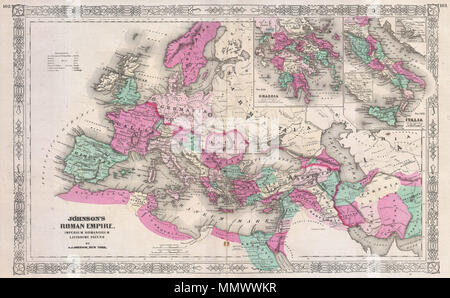 . Inglese: questo è A. J. Johnson c. 1864 mappa dell'Impero Romano. Raffigura tutta l'Europa nonché parti del Nord Africa, Asia e di Persia. Inset maps nel quadrante superiore destro dettaglio la Grecia e la penisola italiana. Caratteristiche Il Grecian stile comune di frontiera di Johnson del Atlante di lavoro da 1864 a 1869. Preparato da A. J. Johnson per la pubblicazione come piastre n. 102 e 103 nel 1864 edizione del suo nuovo atlante illustrato… . Johnson impero romano, Imperium Romanorum Latissime Patens.. 1864 (unndated). 1864 Johnson mappa dell'Impero Romano - Geographicus - RomanEmpire-johnson-1864 Foto Stock