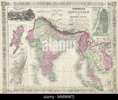 . Inglese: un bel esempio di A. J. Johnson's 1864 Mappa di India e Sud-est asiatico. Copre dal fiume Indo verso est per includere tutta l India, Birmania, Siam (Thailandia), Laos, Cambogia, Malesia (Malacca) e Vietnam (Tonquin e Chochin). Comprende anche le parti del Pakistan, Nepal e Cina, Bhutan, Sumatra e Ceylon (Sri Lanka). Offre la codifica a colori a seconda del paese e della regione nonché le notazioni in materia di strade, città, paesi e sistemi di fiume. Tre mappe inset concentrarsi sull isola di Bombay (Mumbai), Madras e Calcutta. Una vista del Palazzo del Governo e il tesoro in Calcutta adornano Foto Stock