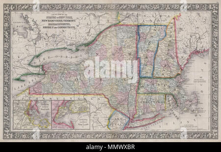 . Inglese: un raffinato esempio di Mitchell's 1864 mappa di New York, Connecticut, Rhode Island, Massachusetts, Vermont e New Hampshire. Rappresenta la regione in considerevole dettaglio con note relative divisioni politiche, linee ferroviarie, di strade e funzioni geografiche. Dispone di due mappe inset in basso a sinistra del quadrante, uno del porto di Boston e l'altra del porto di New York. No notevoli variazioni da precedenti problemi. Uno dei più interessanti American atlas mappe di New York e New England a comparire nella metà del XIX secolo. Caratteristiche il confine floreali tipiche di Mitchell mappe da 1860-65 perio Foto Stock