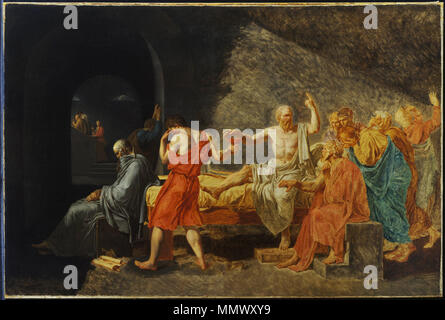. Inglese: Voce di catalogo: questa è una replica incompiuto di David la morte di Socrate (Salon del 1787; Metropolitan Museum of Art di New York). La sezione di sinistra è quasi completa, manca solo barre sulla finestra e decorazione su un accappatoio. A destra, strati di vernice sono sbucciati torna progressivamente, così il underpainting è rivelato in meno e meno strati finiti. Vi sono stati tentativi di attribuire la replica per un David di studenti e di spiegare il motivo per cui esso è incompiuta. Forse la più convincente affermazione è stato messo avanti dallo studioso Thomas Crow, chi ha asserito che i pezzi finiti ar Foto Stock