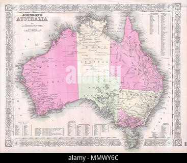 . Inglese: questo magnifico 1865 colorate a mano mappa di Australia è stato pubblicato dalla American cartografo A. J. Johnson. Forse i migliori a metà del XIX secolo americano mappa di Australia mai pubblicato. Raffigura il continente che dettaglia sia politico e caratteristiche geologiche - letti di fiumi in secca, perdita di fiumi, montagne, ecc. Rappresenta il terzo membro della Johnson's Australia serie. Johnson Mappa di Australia. 1865. 1865 Johnson Mappa di Australia - Geographicus - Australia-J-65 Foto Stock