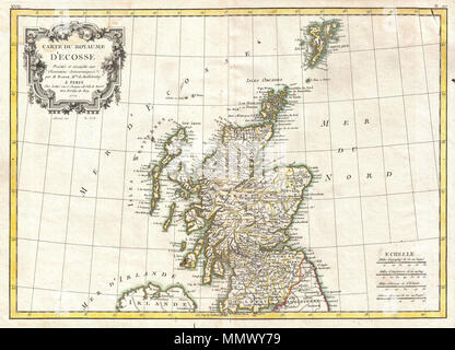 . Inglese: un bellissimo esempio di Rigobert Bonne's 1771 mappa decorativi della Scozia. Copre tutti I di Scozia comprese le Shetland e le Orcadi e le isole Ebridi. Divisa dalla contea. Una decorazione barocca cartiglio del titolo viene visualizzato nel quadrante superiore sinistro. Disegnata da R. Bonne nel 1771 per la questione come piastra n. B 20 in Jean Lattre's 1776 problema della Atlas moderne . Carte du royaume d'Ecosse.. 1771 (datato). 1772 Bonne Mappa della Scozia - Geographicus - Scozia-bonne-1772 Foto Stock
