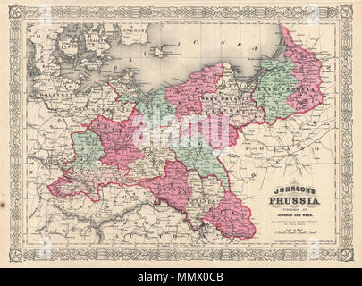 . Inglese: questo è Johnson e Ward's 1866 mappa di Prussia, Germania. La Prussia raggiunto la sua massima importanza nel XVIII e XIX secolo quando ha dominato la Germania settentrionale politicamente, economicamente e in una popolazione. Durante il XIX secolo, il Cancelliere Otto von Bismarck perseguito una politica di unire il tedesco principati in un minore in Germania che escluderebbe l'impero austriaco. Bismarck del nord della Confederazione tedesca formata nel 1867, un anno dopo questa mappa è stata rilasciata. La successiva Johnson atlanti rimosso la Prussia specifica mappa in favore di una mappa di dimensioni maggiori che incorporano quindi tutta tedesca C Foto Stock