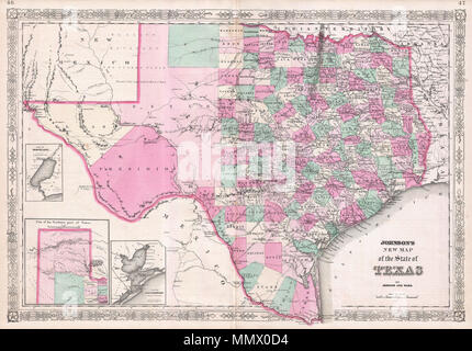 . Inglese: un esempio eccezionale di A. J. Johnson è altamente desiderabile mappa del Texas. Creato poco dopo la Guerra Civile Americana, questa straordinaria custodia folio dettagli mappa dello stato del Texas in pieno. Identifica la tabella di elevata Terre El Llando Estadado (la pianura cianfrinato), STATI UNITI Percorso di posta, numerose notazioni geografiche e codifica a colori secondo la contea. El Paso, Presidio e Behar contee sono gigantesche e occupano gran parte della parte occidentale dello stato. Inserie nella parte inferiore sinistra del quadrante dettaglio Sabine Lake (con gli scandagli di profondità), Galveston Bay (dall'U.S.C.S.), e la zona nord della p Foto Stock