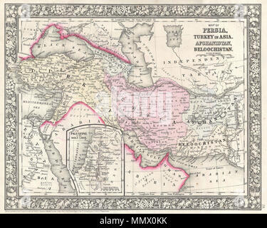 . Inglese: un bellissimo esempio di S. A. Mitchell JR's 1866 Mappa di Turchia, Persia, Beloochistan e Afghanistan. Copre il giorno moderno nazioni della Turchia, Iran, Iraq, Siria, Giordania e in Afghanistan. Il riquadro in basso a sinistra del quadrante caratteristiche della Palestina o la Terra Santa. Una delle più attraenti American atlas mappe di questa regione a comparire nella metà del XIX secolo. Caratteristiche il confine floreali tipiche di Mitchell mappe dal periodo 1860-66. Preparato da S. A. Mitchell JR per inclusione come piastra 78 nel 1866 il problema di Mitchell è di nuovo atlante generale . Datata e di copyright, "Iscritto secondo atto Foto Stock