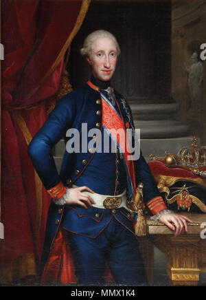 . Español: Retrato del Rey Fernando IV de Nápoles (1751-1825), que fue el Tercer hijo del Rey Carlos III de España y de la reina María Amalia de Sajonia. Inglese: Ritratto di Re Ferdinando IV di Napoli (futuro re delle Due Sicilie) in piedi accanto ad una corona da Mengs (Madrid) Ritratto di Ferdinando I delle Due Sicilie (1751-1825). circa 1772-1773. Mengs - Ferdinando IV di Napoli, Palazzo Reale di Madrid Foto Stock