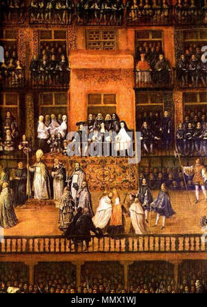 . Inglese: il re Carlo II di Spagna, la sua prima moglie Marie Louise di Orleans e la Regina madre, Mariana di Austria, partecipare insieme un auto de fe da un balcone di Madrid Plaza Mayor il 30 giugno 1680. Dettaglio di 'Auto de Fe', dipinto da Francisco Ricci (1683). Español: El Rey Carlos II de España, su primera esposa María Luisa de Orléans y la reina madre Mariana de Austria, presencian desde balcón onu nazioni unite auto de Fe en la Plaza Mayor de Madrid el 30 de junio de 1680. Detalle de 'Auto de Fe', pintado por Francisco Ricci en 1683. . 1683. Dettaglio di Auto de fe 1680 Foto Stock