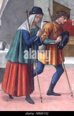 . Inglese: dettaglio dei pellegrini di alloggiamento, affresco situato nell'Oratorio dei Buonomini. Français : Fresque à l'Oratoire dei Buonomini di San Martino, présenté sur la couverture de Compostelle, le grand chemin, Xavier Barral i Altet, raccolta " Découvertes Gallimard / Religioni " (n° 174), Éditions Gallimard, 13 mai 1993. . Xv secolo. Un incerto artista della bottega di Domenico Ghirlandaio Dettaglio scatola di pellegrini, Oratorio dei Buonomini Foto Stock