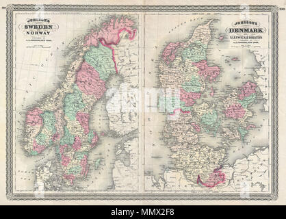 . Inglese: questo è A. J. Johnson 1870 Mappa di Svezia, Norvegia e Danimarca. Questo è in realtà un composito su un singolo foglio di folio di due mappe precedentemente rilasciato su fogli separati. Rappresenta la zona in notevole dettaglio con codifica dei colori secondo sia al paese e al distretto. La mano sinistra la mappa mostra la Norvegia e la Svezia. La mano destra i dettagli mappa Danimarca, e Sleswick Holstein. Caratteristiche La spirograph stile comune di frontiera di Johnson del atlante opera nel 1870. La piastra di acciaio incisione preparato da A. J. Johnson per la pubblicazione come la pagina n. 99 - 100 nel raro 1870 edizione del suo nuovo atlante illustrato… datata Foto Stock