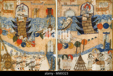 . Conquista di Bagdad dai Mongoli 1258. A doppia pagina illustrazione di Rashid-ad-Din Gami dell' al-tawarih. Tabriz (?), 1° trimestre del XIV secolo. I colori dell'acqua e oro su carta. Dimensioni originali: 37,4 cm x 29,3 cm (a destra), 37,2 cm x 29 cm (sinistra). Staatsbibliothek di Berlino, Orientabteilung, Diez un comando FOL. 70, p. 4 (a destra) e 7 (sinistra). Nota Le Ponton ponti, assedio dei motori e il rifugiato in barca, magari di un alto dignitario o addirittura il calif stesso. Solo per la sinistra o solo la parte di destra della figura, vedi immagine:DiezAlbumsFallOfBaghdad b.jpg e Immagine:DiezAlbumsFallOfBaghdad a.jpg. . Xiv Foto Stock