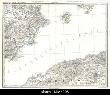 . Inglese: Questo affascinante colorate a mano la mappa mostra le coste della Spagna, Marocco e Algeria, e parti delle Isole Baleari. Prominente raffigura il popolare resort Isola di Ibiza. Tutto il testo è in tedesco. Rilasciato nel 1870 edizione di Stieler la mano Atlas. Ibiza e spagnolo & coste africane, isole Baleari. 1873. 1873 Stieler la Mappa di Ibiza e Spagnolo e coste africane - Geographicus - Ibiza-S-73 Foto Stock