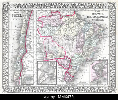 . Inglese: questa colorata a mano mappa è una incisione litografica, risalente al 1874 dal leggendario American cartografo S.A. Mitchell, il giovane. Esso rappresenta il sudamericano di peperoncino, Brasile (Brasile), Paraguay, Bolivia e Uruguay. Non ci sono mappe inset di Rio de Janerio, il porto di Bahia, e l'isola di Juan Fernandez (Robinson Crusoe Island). Bolivia in questo periodo di tempo esteso per la costa del Pacifico. Mappa di Brasile, Bolivia, Paraguay e Uruguay. - Mappa di Chili.. 1874. 1874 Mitchell Mappa di Sud America, Brasile, Bolivia, Papaguay, Uruguay e peperoncino. - Geographicus - Brasile-M-1874 Foto Stock