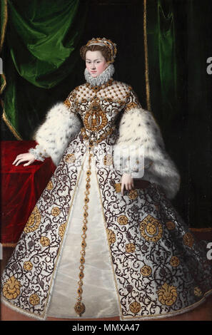 . Español: Retrato de la Reina Isabel de Austria (1554-1592), que fue hija del Emperador Maximiliano II de Asburgo y reina consorte de Francia por su matrimonio con el Rey Carlos IX de Francia. Inglese: Ritratto di Elisabetta d'Austria (1554-1592), regina consorte di Carlo IX di Francia. Isabel de Austria, reina de Francia. 1573. Elisabetta d'Austria regina di Francia da Jooris van der Straaten - 1570S Foto Stock