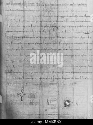 . Deutsch: Beſtätigungsurkund König Arnulfs für die Schenkung des Hofs Erchingen ſammt Zůbehör ans Kloſter Reichenau, datirt auf den 1. Agosto 888; angefertigt wohl im 11./12. Jahrhundert. Zweitletzte das Wort der ſechſten Zeile (tuomdorof, in der Copie unterſtrichen) stellet die Erwähnung erſte Thůndorffs im Thurgau dar. Deutſche Überſetzung der erſten Zeilen nach einem überarbeiteten Tranſcript auf der Grundlag von: Friedrich Schaltegger, Thurgauiſches Urkundenbuch I, caldaia a recupero. vom Thurgauiſchen Hiſtoriſchen Verein, Frauenfeld, Huber & Co., 1924, n. 134B, p. 156ſqq.: Im Namen der heiligen und u Foto Stock