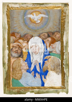 . Miniatura: Pentecoste che mostra la Vergine circondata da dodici apostoli, Hainaut, Valenciennes (c) 1480-1490 da follower o Simon Marmion inglese: Pentecoste che mostra la Vergine circondata da dodici apostoli . 1480s. Seguace di Simon Marmion - Pentecoste che mostra la Vergine circondata da dodici apostoli Foto Stock