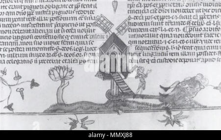 . Inglese: Dettaglio di una bas-de-page scena di un ubriaco eremita e la donna abbracciando sul terreno in prossimità di un mulino a vento; la miller emerge che trasportano un mazzuolo. Originariamente da Smithfield decretals, British Library, Royal MS 10 E IV, fol. 115r del XIV secolo il mulino a vento Foto Stock