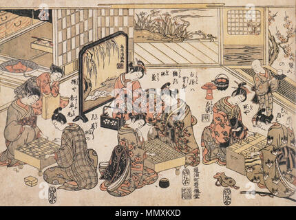 . Inglese: Shogi, andare e Ban-Sugoroku (Giappone) . circa 1780. Torii Kiyonaga (1752-1815) nomi alternativi nascita Nome: Sekiguchi Shinsuke (?? ??) Descrizione giapponese ukiyo-e artista Data di nascita e morte 1752 28 Giugno 1815 Luogo di nascita e morte Edo Edo competente controllo : Q427642 VIAF:?ISNI 45485954:?0000 0000 8224 2716 ULAN:?500058786 LCCN:?n80153155 GND:?133261468 WorldCat 3 Brettspiele Foto Stock