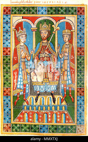 . Deutsch: Friedrich Barbarossa mit seinen Söhnen König Heinrich und Herzog Friedrich. Miniatur aus der Welfenchronik (Kloster Weingarten, 1179-1191). Heute Landesbibliothek Fulda. Inglese: Federico I Barbarossa e i suoi figli il re Enrico VI e il duca Federico VI. Illustrazione medievale dalla cronica dei Guelfi (Weingarten Abbey, 1179-1191). . Questo file è privo di informazioni sull'autore. Friedrich-barbarossa-und-soehne-welfenchronik 1-1000x1540 Foto Stock