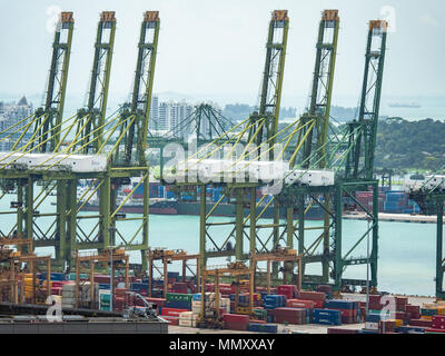 Tanjong Pagar Terminal Portuali di Singapore con Pulau brani in backgrund Foto Stock