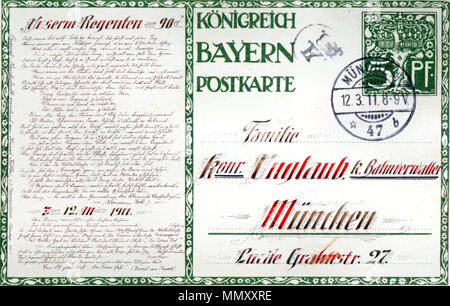 . Deutsch: Privat-Ganzsache, K. Unglaub - 90. Geburtstag des Prinzregenten Luitpold 1911 . 1911. Künstler nicht bekannt; Handschrift Konrad Kübler, München Ganzsache, K. Unglaub, Prinzregent Luitpold 90. Geburtstag 1911 Foto Stock