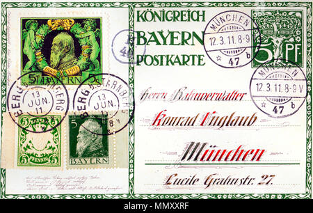 . Deutsch: Privat-Ganzsache, K. Unglaub - 25 Jahre Regentschaft des Prinzregenten Luitpold 1911 . 1911. Künstler nicht bekannt; Handschrift Konrad Kübler, München Ganzsache, K. Unglaub - 25 Jahre Prinzregent Luitpold 1911 Foto Stock