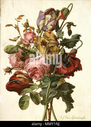 . Inglese: "bouquet di tulipani, rose e un papavero, con un pallido giallo offuscato la farfalla, un rosso Longhorn Beetle e una coccinella Sevenspotted' dal Flemish-nato pittore Gerard Van Spaendonck. Olio su marmo. . Data sconosciuta. Gerard van Spaendonck (1746-1822) nomi alternativi Gerardus van Spaendonck Descrizione pittore olandese, disegnatore e incisore e miniatore Data di nascita e morte 22 Marzo 1746 11 Maggio 1822 Luogo di nascita e morte di Tilburg Parigi sede di lavoro Anversa (1764-1769), Breda (1769), Parigi (1769-1822), Tilburg (1797) Autorità di controllo : Q2523019 VIAF:?ISNI 37214512:?0000 Foto Stock