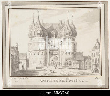 . Inglese: Gevangen Poort da Cornelis Pronk, 1727. Questo è il vecchio Oosterpoort in Hoorn (Olanda settentrionale), la porta fu demolita nel 1818. La raccolta del Museo Westfries. Nederlands: Gevangen Poort porta Cornelis Pronk, getekend in 1727. Het betreft de Oude Oosterpoort in Hoorn (Olanda Settentrionale) gesloopt nel 1818. Collectie van het Westfries museo. . Il XVIII secolo, foto scattata: 2013-08-15 14:45:06. Cornelis Pronk e Jan Frederik Gardner Gevangen Poort porta Cornelis Pronk Foto Stock