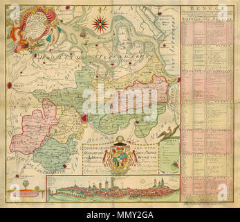 . Inglese: Nieuwe Caerte der diocesi des Bisdoms Van Gend verdeelt in een Aertspriesterdom en sette Dekeneyen met de onderhoorige Prochien, de Wychen, de Suchursale, ende mitsgrs de Patroonende, de Tiende ende den Nombre der Zielen. - Devreese L.D., 1789. Incisione su rame Dimensioni: 53,5 x 61,5 cm (20,9 x 24 pollici) Condizione: Vecchia colorati, divide a pieghe, sostenuta con lino. . 1789. Devreese L.D. Ghent, Belgio, Devreese L.D., 1789 Foto Stock