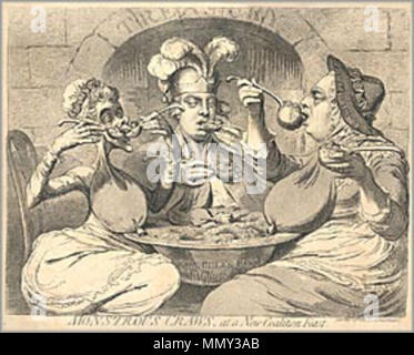 . CRAWS mostruoso, in corrispondenza di una nuova coalizione di festa del re, della Regina e del Principe di Galles sedersi intorno a una ciotola di Guinea e siviera delle monete nella loro bocca. Incisione su rame di James Gillray dal 1851 Bohn edition; originariamente pubblicato a maggio 29, 1787; 14 1/8"h x 18 5/8"w. . 29 maggio 1787. James Gillray (British, Chelsea 1756-1815 Londra) Gillray 1787 0529 mostruoso 280 Foto Stock