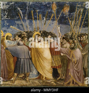 . Inglese: il discepolo della sinistra che le ferite di un soldato con il suo coltello, è san Pietro. Inglese: No. 31 scene della vita di Cristo: 15. L arresto di Cristo (il bacio di Giuda) . tra 1304 e 1306. Giotjud Foto Stock