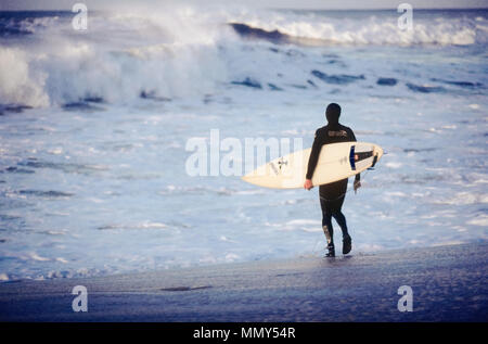 Surfista solitario che entra nel surf a Bells Beach, Torquay, Surf Coast Shire, Great Ocean Road, Victoria, Australia Foto Stock