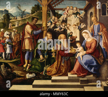 37.261 Girolamo da Santacroce (italiano, morto 1556). "L'Adorazione dei Magi", ca. 1525-1530. olio su pannello. Walters Art Museum (37.261): acquistato da Henry Walters con la Massarenti Raccolta, 1902. Girolamo da Santacroce - Adorazione dei Magi - Walters 37261 (2) Foto Stock