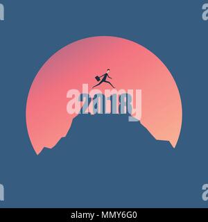 Stile minimalista. salta dal 2018. L'uomo saltando su scogliera sul tramonto sfondo,il concetto di Business idea Illustrazione Vettoriale