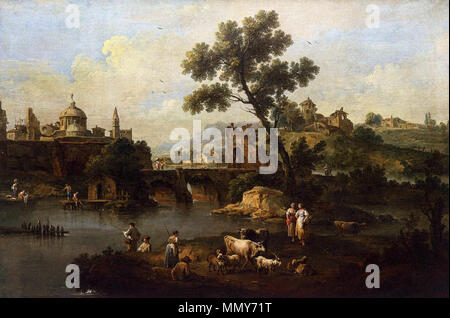 Paesaggio con fiume e ponte. 1740 circa. Giuseppe Zais - Paesaggio con fiume e Bridge - WGA25941 Foto Stock