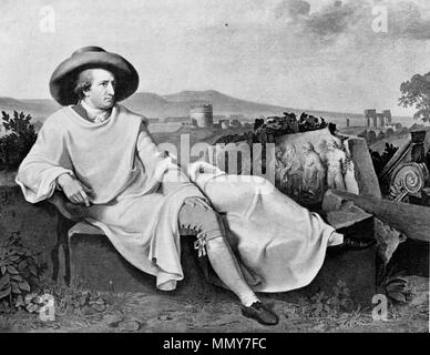 . Deutsch: Goethe in der Campagne. Goethe war mit dem Bild zufrieden; er es fand glücklich und sehr 'gleichend'. Das Gemälde blieb Tischbeins beste Portraitleistung. Goethe nella campagna romana. Roma, 1787. GoetheInDerCampagneOelgemaeldeVonJohannHeinrichWilhelmTischbein1787S103 Foto Stock