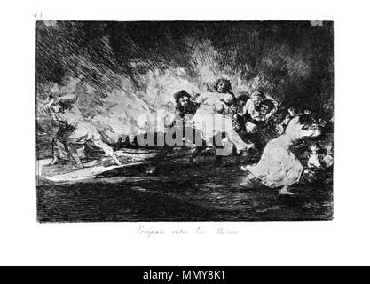 . Los Desatres de la guerra è un set di 80 acquatinta stampe creato da Francisco Goya in 1810s. La piastra 41: Escapan entre las llamas. (Essi sfuggono attraverso le fiamme. ) . 1810s. Francisco Goya (1746-1828) nomi alternativi Francisco Goya Lucientes, Francisco de Goya y Lucientes, Francisco José Goya Lucientes Descrizione pittore spagnolo, printmaker, litografo, incisore ed incisore Data di nascita e morte 30 Marzo 1746 16 aprile 1828 Luogo di nascita e morte Fuendetodos Bordeaux posizione Lavoro Madrid, Saragozza, Bordeaux competente controllo : Q5432 VIAF:?ISNI 54343141:?0000 0001 2280 160 Foto Stock