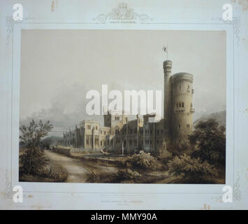 . Deutsch: Schloss Babelsberg. Haupt-Ansicht des Schlosses (Vorder-Seite). F. Riegel, Potsdam 1853, Farblithografie von Loeillot nach Carl Graeb, Bild: 30 × 40,5 cm, Blatt: 44,5 × 57,5 cm . 1853. Graeb, Carl - Schloss Babelsberg. Haupt-Ansicht des Schlosses (Vorder-Seite). 1853 Foto Stock