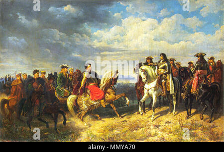 . Polski: Spotkanie Jana III Sobieskiego z cesarzem Leopoldem I pod Schwechat inglese: Re Jan III Sobieski incontra l'imperatore Leopoldo I vicino a Schwechat dopo la battaglia di Vienna, 12 settembre 1683 Re Jan III Sobieski incontra l'imperatore Leopoldo I nei pressi di Schwechat 1859. Grottger-Jan III Sobieski ho Leopoldo I pod Schwechat Foto Stock