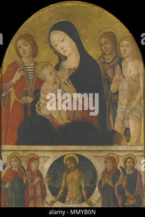 . La Madonna con il Bambino e i santi Giuliano l'Hospitaler, Rocco e Sebastiano, al di sotto del Cristo morto in un paesaggio, fiancheggiata da santi Cosma e Damiano e due altri santi maschio. Tempera su pannello, oro, arcuato superiormente, 44 x 31 cm . dal 1516. Guidoccio Cozzarelli (1450-1517) nomi alternativi di Guidoccio Cozzarelli Giovanni; Guidoccio Di Giovanni Cozzarelli; Guidoccio de Giovanni; Cozzarelli Guidoccio di Giovanni di Marco Cozzarelli; Cozzarelli Descrizione manoscritto italiano illuminatore Data di nascita e morte 1450 tra il 1516 e il 1517 Luogo di nascita e morte Siena Siena opera perio Foto Stock