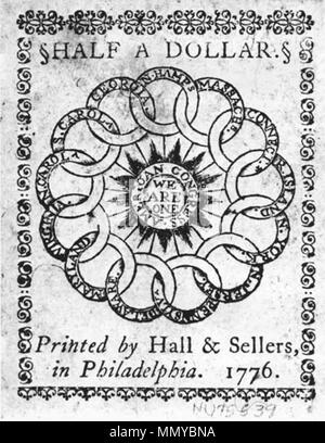 . Retro di un 1776 moneta continentale mezzo dollaro spagnolo. La nota è stata progettata da Benjamin Franklin, e il design è stato utilizzato anche su altre denominazioni, una moneta e la 1787 Fugio cent.[1] . 1776. Benjamin Franklin (nota originale); Immagine cortesia del Smithsonian Institution, Divisione di numismatica. 1776 una moneta continentale metà dollar retromarcia Foto Stock