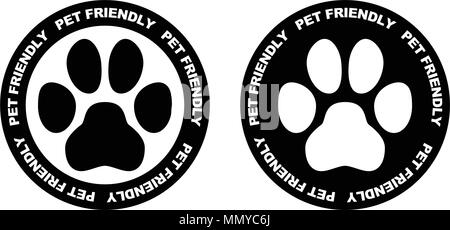 Animali domestici ammessi segno. Bianco e nero simbolo della zampa in cerchio con pet friendly testo scritto su di esso. Illustrazione Vettoriale