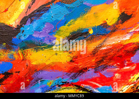 Una vibrante e colorata olio e acrilico astratto sfondo dipinto su tela dipinta con wild e libera i tratti di pennello Foto Stock