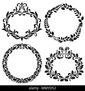 Set di cornici decorative. Ideale per stencil. In stile vintage. Tracery ornato di volute e foglie isolati su sfondo bianco. Illustrazione Vettoriale