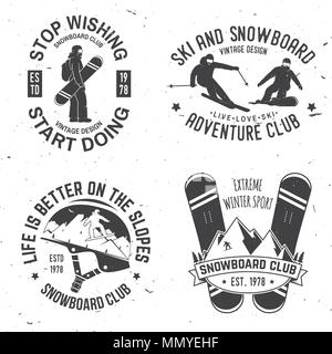 Set di Sci e Snowboard Club insegne o badge. Vettore. Concetto per shirt , stampa, il timbro o il raccordo a t. Extreme sport d'inverno. Illustrazione Vettoriale