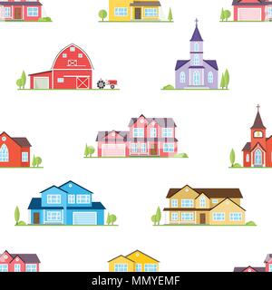 Case suburbane seamless pattern. Illustrazione Vettoriale. American case, chiese e la fattoria modello senza giunture. Illustrazione Vettoriale