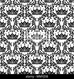 Royal Seamless Pattern. Corona e floreali tracery vintage isolato su uno sfondo bianco. Illustrazione Vettoriale