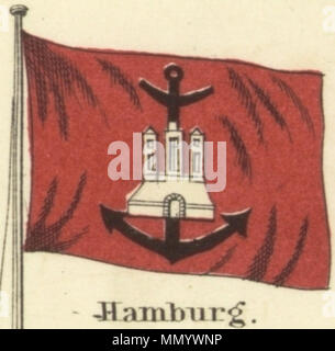 . Inglese: Amburgo. Johnson nuovo grafico di emblemi nazionali, 1868.jpg Johnson nuovo grafico di emblemi nazionali. La stampa mostra le bandiere dei vari paesi, quelle percorse da navi e il 'Signals per piloti." nell'angolo in alto a sinistra è il 'degli Stati Uniti 37-stella bandiera, nell'angolo in alto a destra è il "Royal Standard del Regno Unito Gran Bretagna & Irlanda'; nell'angolo in basso a sinistra è il "russo" Standard e nell'angolo in basso a destra è il 'Standard francese." Il flag su questo foglio differiscono leggermente da quelli su di un altro foglio numerato 4 [top left] e 5 [alto a destra]. . 1868. Alvin J Foto Stock