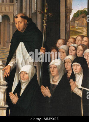 Vergine con il Bambino e i Santi Giacomo e Dominic (dettaglio). tra il 1488 e il 1490. Hans Memling - Madonna con Bambino e Santi Giacomo e Dominic (dettaglio) - WGA14954 Foto Stock